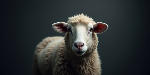 Obraz premium A close-up portrait of a sheep, showcasing its gentle features against a dark backdrop, ideal for agricultural, farming, and animal welfare themes.