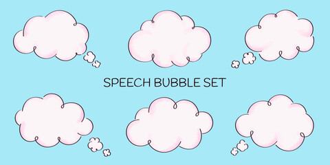 Hand drawn set of speech bubbles with pink grainy texture. Clouds for text, chat, discounts, phrases