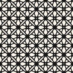 Black and white seamless pattern. Simple vector geometric floral ornament. Abstract background texture with bold flower silhouettes, leaves, lattice, rounded shapes, mesh, grid. Repeated geo design