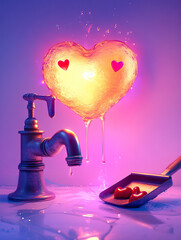 Glowing heart melting under a faucet with vibrant lighting