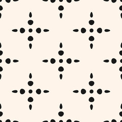 Simple minimal seamless pattern. Abstract floral geometric texture with dots, flower silhouettes, stars. Black and white ornament. Vector minimalist background. Repeated design for decor, textile