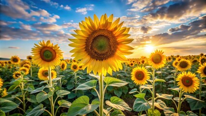 Fototapeta premium A stunning arrangement of sunflowers standing tall in a field on a warm sunny day, bright colors, sunflowers, blooms