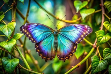 A stunning butterfly with iridescent wings set against a background of intertwined vines and leaves, insect design, butterfly wallpaper, bohemian decor, patterned wallpapers