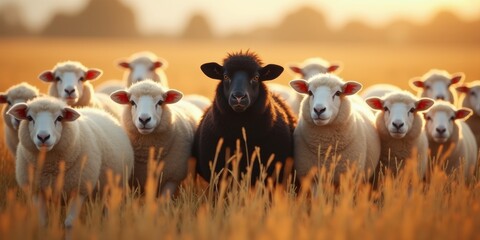 Fototapeta premium A striking scene of a black sheep standing among a flock of white sheep in a sunlit field, symbolizing individuality and contrast in nature.
