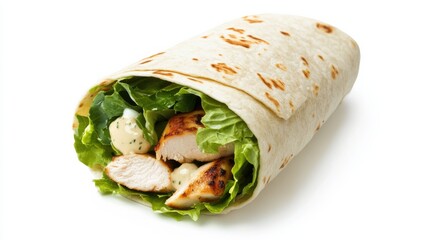 A gourmet chicken Caesar wrap with grilled chicken breast, romaine lettuce, Parmesan cheese
