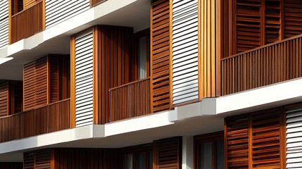 Fototapeta premium Modern apartment building facade, wood shutters, balconies, sunlight, architectural design