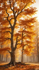 Fototapeta premium A stunning maple tree against a backdrop of warm, golden autumn hues, greenery, soft focus