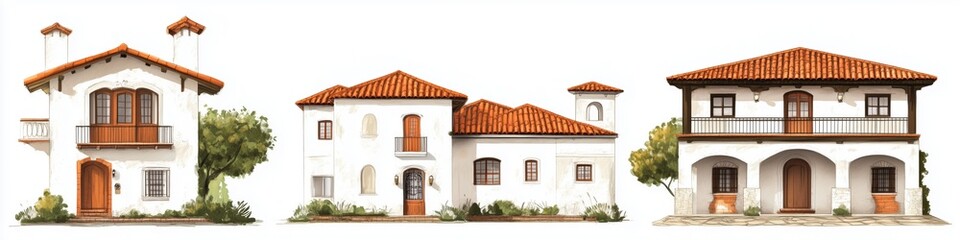 Obraz premium A collection of three architectural designs showcasing Mediterranean Spanish Colonial houses style . Each house features white stucco walls, terracotta roofs, and wooden doors.