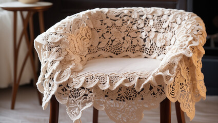 A chair is draped with a delicate lace cover, the edges of which extend past the seat. The image has a cozy and antique aesthetic, fitting the "wedding" or "lace" keyword suggestions.