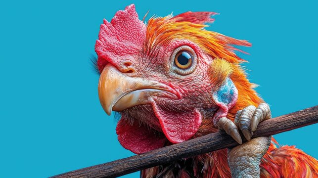 Rooster perched on branch, vivid colors, blue background, farm animal portrait