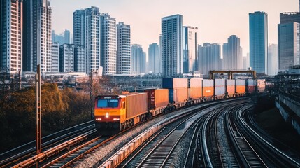 Fototapeta premium A train carrying cargo containers through a city, with urban skyscrapers in the background, showing the integration of rail transport in city logistics