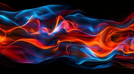 Fiery red and blue abstract light trails, dynamic and energetic, futuristic technology, glowing digital waves, intense and bold design