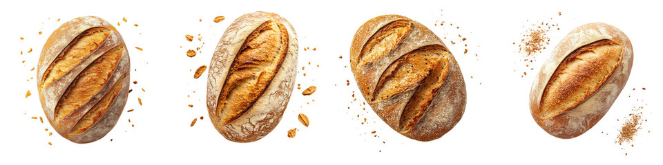 Set of a sourdough bread with a golden crust isolated on transparent background