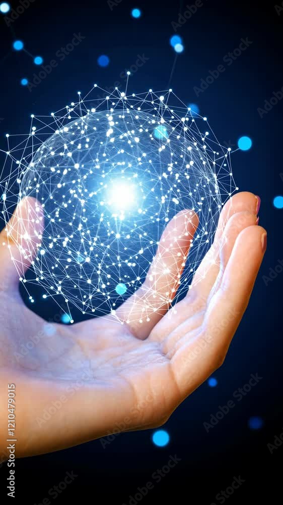 Poster digital representation of technology and innovation with glowing network sphere held in a hand at ni