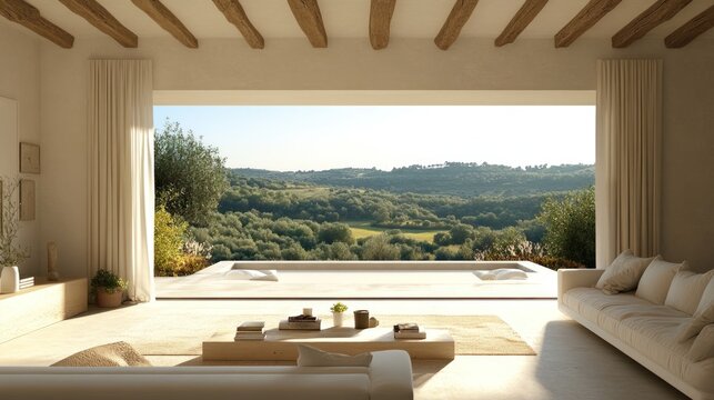 Tuscan villa living room, infinity pool view, sunrise