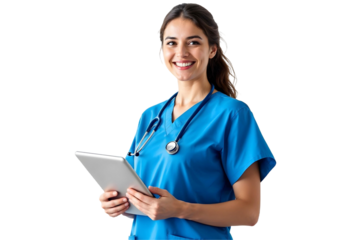 Smiling Female Nurse in Blue Scrubs with Stethoscope Holding Tablet – Healthcare Professional Isolated on Transparent Background