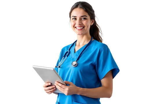 Smiling Female Nurse in Blue Scrubs with Stethoscope Holding Tablet – Healthcare Professional Isolated on Transparent Background