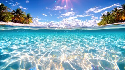 Fototapeta premium Tropical beach paradise crystal clear water, palm trees, sunny sky, underwater view. Ideal for travel brochures