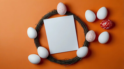 Easter banner with a blank sheet of paper and Easter red and white eggs on a bright orange background.