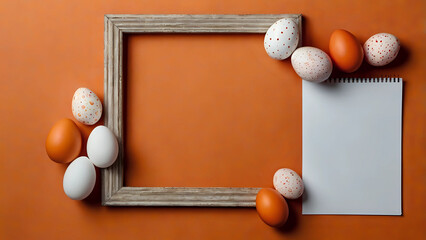 Easter banner with a blank sheet of paper and Easter red and white eggs on a bright orange background.
