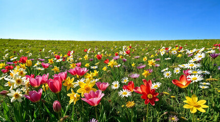 Obraz premium Joyful Wild Flower Meadow in Full Spring Bloom Under Clear Sky 