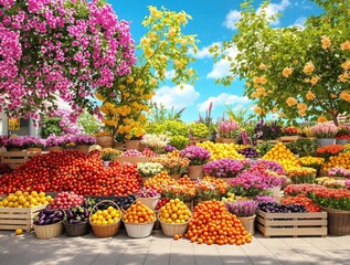 A vibrant blue market scene with colorful produce and flowers, produce, colorful