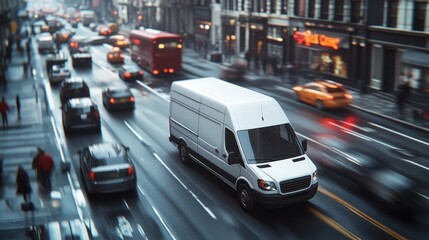 Fototapeta premium A delivery van driving through a busy urban street, navigating traffic to deliver packages on time, showcasing the challenges of logistics in cities