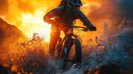 Mountain biker descending alpine cliff with dramatic sunset lighting