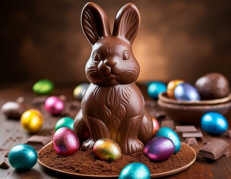 Schokoladenhase mit bunten Ostereiern &ndash; K&ouml;stliches Motiv f&uuml;r Ostern