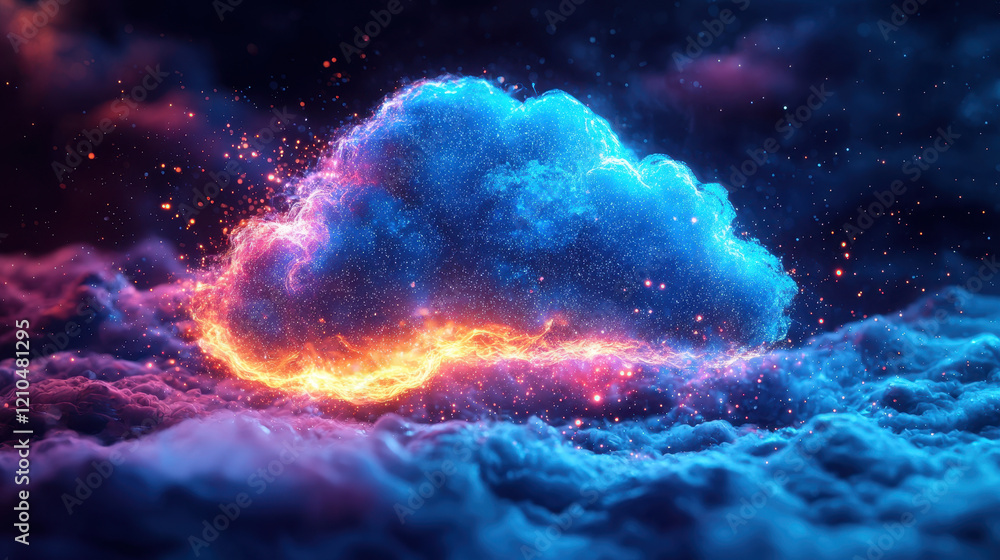 Poster digital cloud depicting internet services with data flowing in and out of a glowing icon