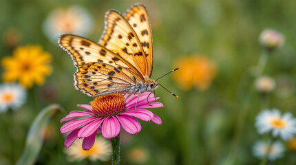 Majestic Orange-Winged Butterfly Gracefully Perched on Pink Coneflower Against Natural Garden Backdrop
