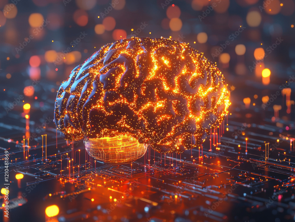 Poster digital representation of a nanobot brain glowing with electric blue light and data streams