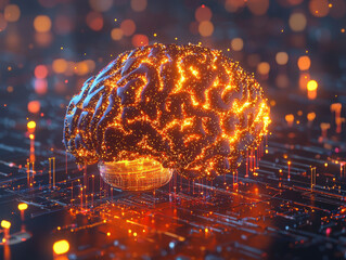 Digital representation of a nanobot brain glowing with electric blue light and data streams