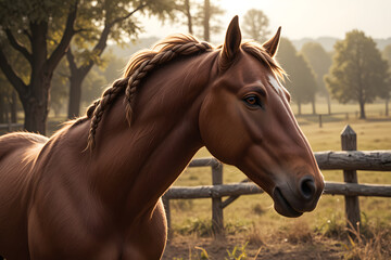 Obraz premium A horse with a braided mane against the backdrop of a picturesque landscape of hills and wildflowers
