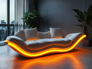 Futuristic sofa with glowing accents in a minimalistic high-tech room design