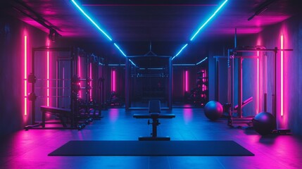 fitness, night background, gym lit by neon lights, vibrant and energetic, cool and sleek atmosphere.