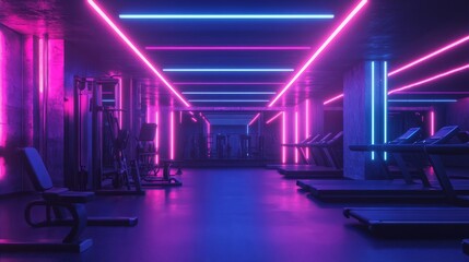 Fototapeta premium fitness, night background, gym lit by neon lights, vibrant and energetic, cool and sleek atmosphere.