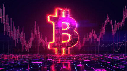 Cryptocurrency symbol floats over digital grid surrounded by financial charts