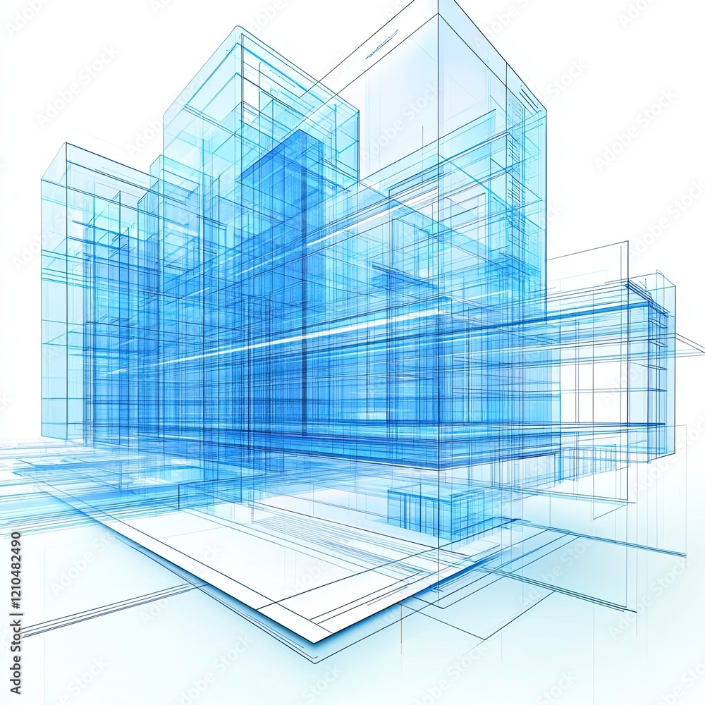 Poster abstract architectural visualization featuring blue transparent structures and lines, conveying a se