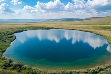 Obraz premium Top aerial view landscape of clear lake named Sermo lake on a bright day