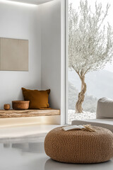 Cozy interior space showcasing minimalist design with olive tree view
