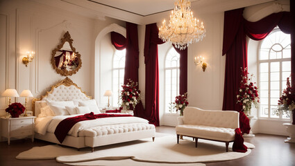 This image is a luxury bedroom illustration, displayed on a content creation platform. It shows a bed, sitting area, and decor in a cream, red, and gold palette.