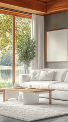 Modern living room with a view of nature and natural light flowing through large windows