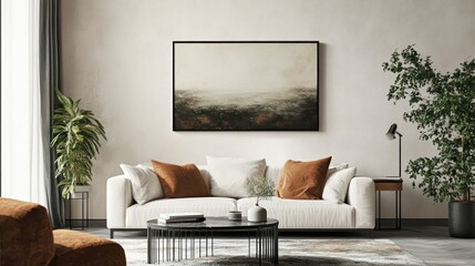 Black frame mockup hanging on the wall in a modern living room interior with a sofa and a coffee table