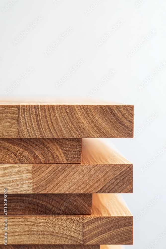 Poster close-up image of polished wooden planks stacked neatly against minimalistic white background emphas