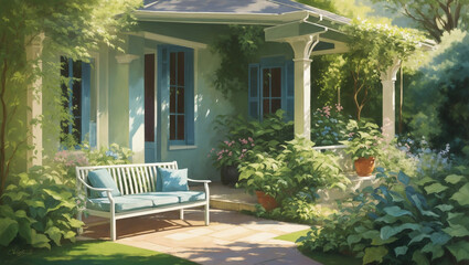 An illustration depicts a serene house surrounded by greenery. A bench rests on a patio next to the building, creating a peaceful scene for hobbies and leisure.