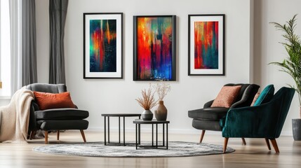 Boho style faux poster frames in the living room interior, with black frames and a white wall background.