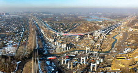 Krakow, Poland. S52 highway, part of ring road around Krakow and S7 express road from Warszawa opened on December 23, 2024 and joined by temporary ramp. Whole interchange still under construction