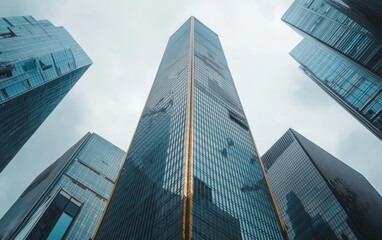 Obraz premium High-tech city, many skyscrapers, viewpoints in the middle and lower parts of the building 