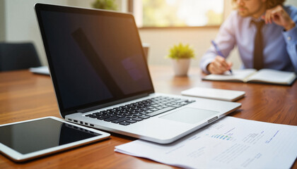 Modern laptop during business meeting on polished wooden table, productivity